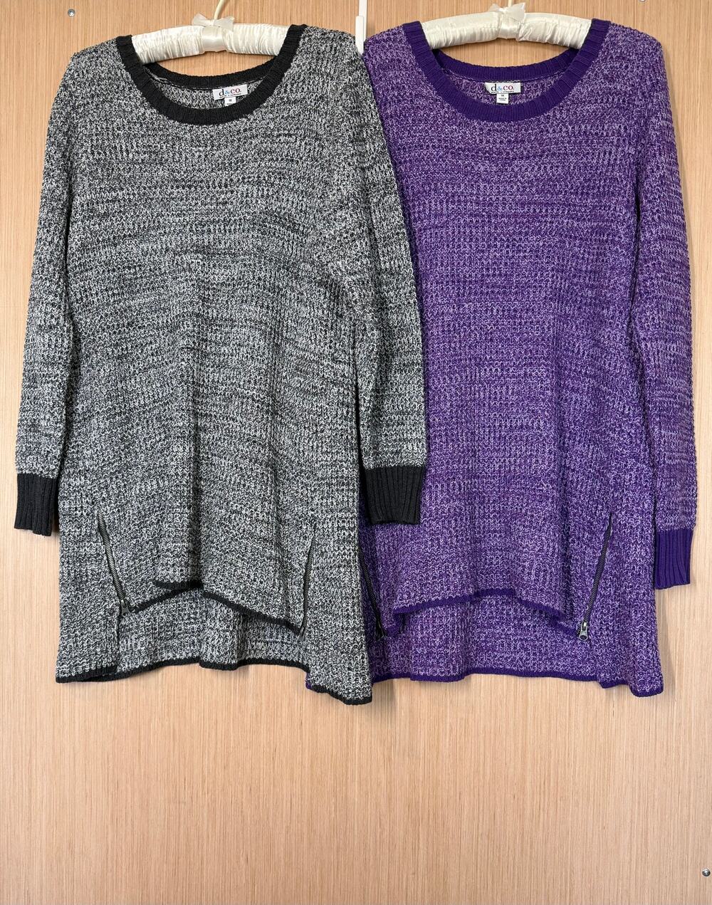 Lot of 2 Denim & Co Side Zip Tunic Sweater Size 1X Black Purple Long Sleeve